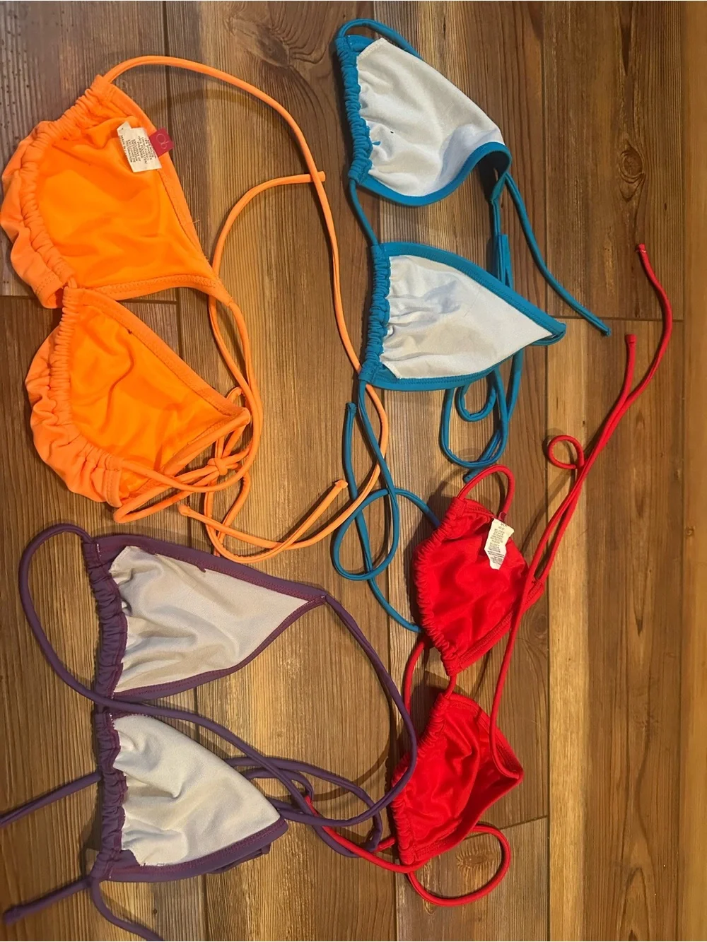 Set of 4 Triangle Bikini Tops - Blue, Red, Orange, Purple. Size small and medium